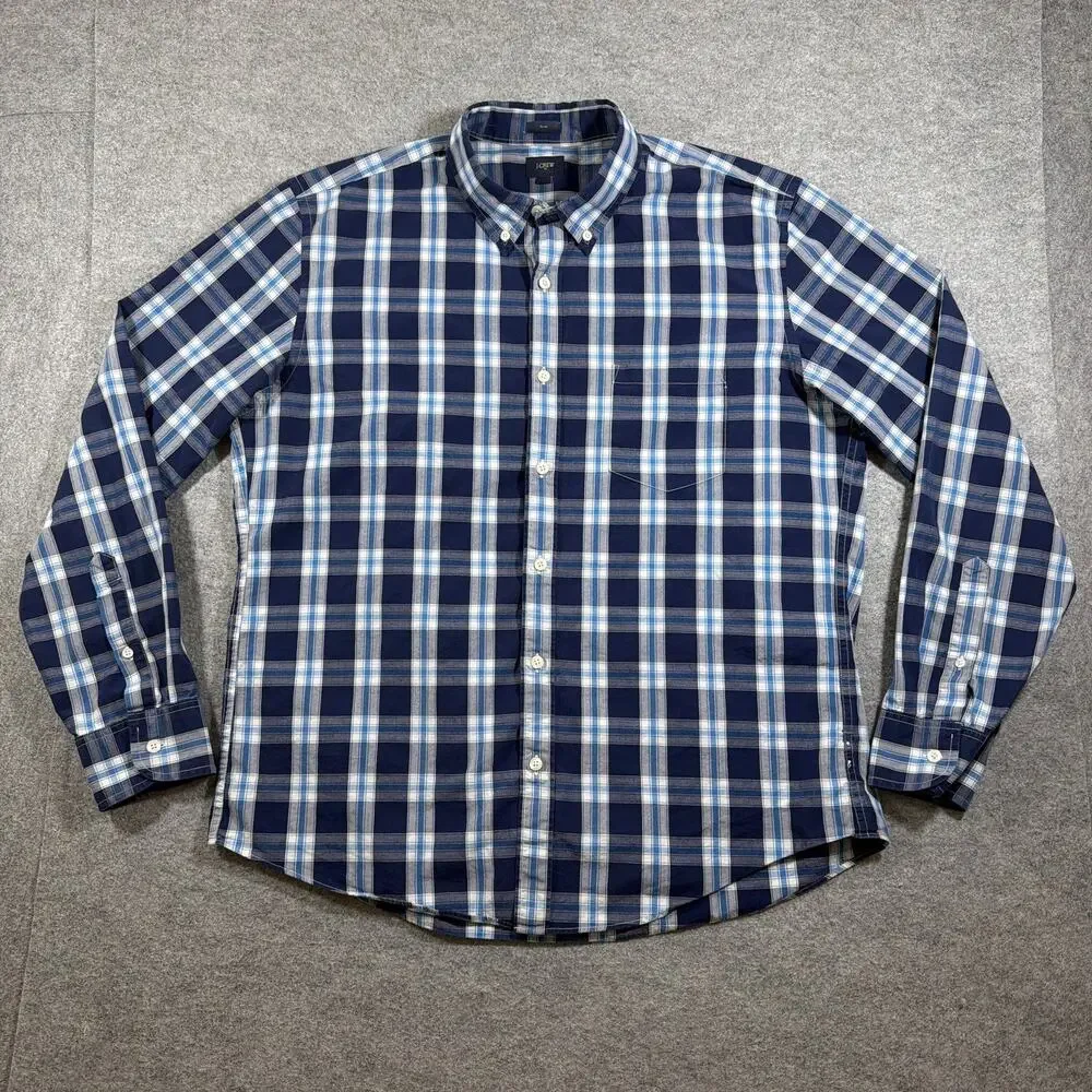 J. Crew Button Down Shirt Mens XL Navy Blue Plaid Slim Fit Cotton Classic Preppy